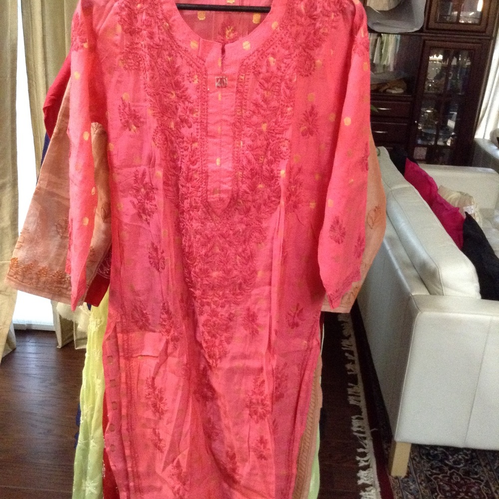 Salmon color chanderi Lucknowi kurta